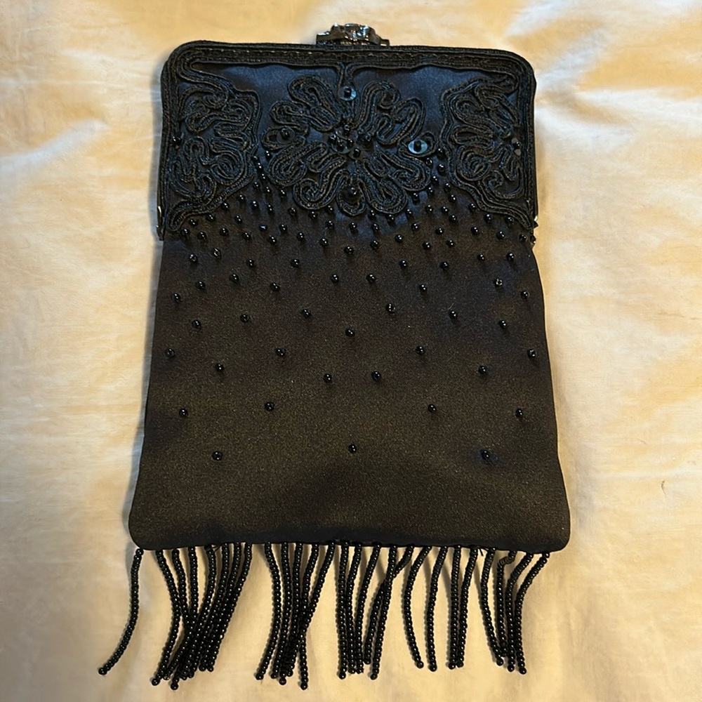 Beaded Embroidered Black Satin Mini Evening Bag Clutch